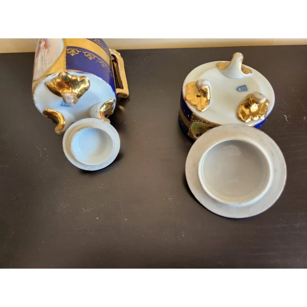 Antique Meissan Cobalt Gold‎ Grand Pictorial Romantic Couple Creamer + Sugar Set